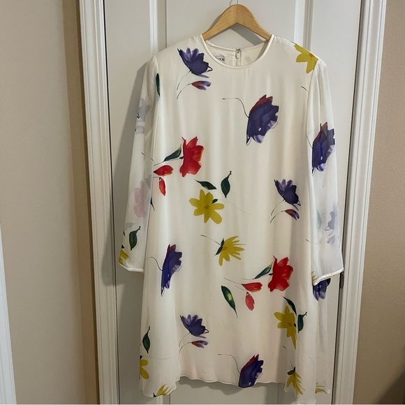 Vintage Anne Crimmins Silk Floral Print Dress with Scarf Cream Size 14 - 16 - Picture 1 of 17
